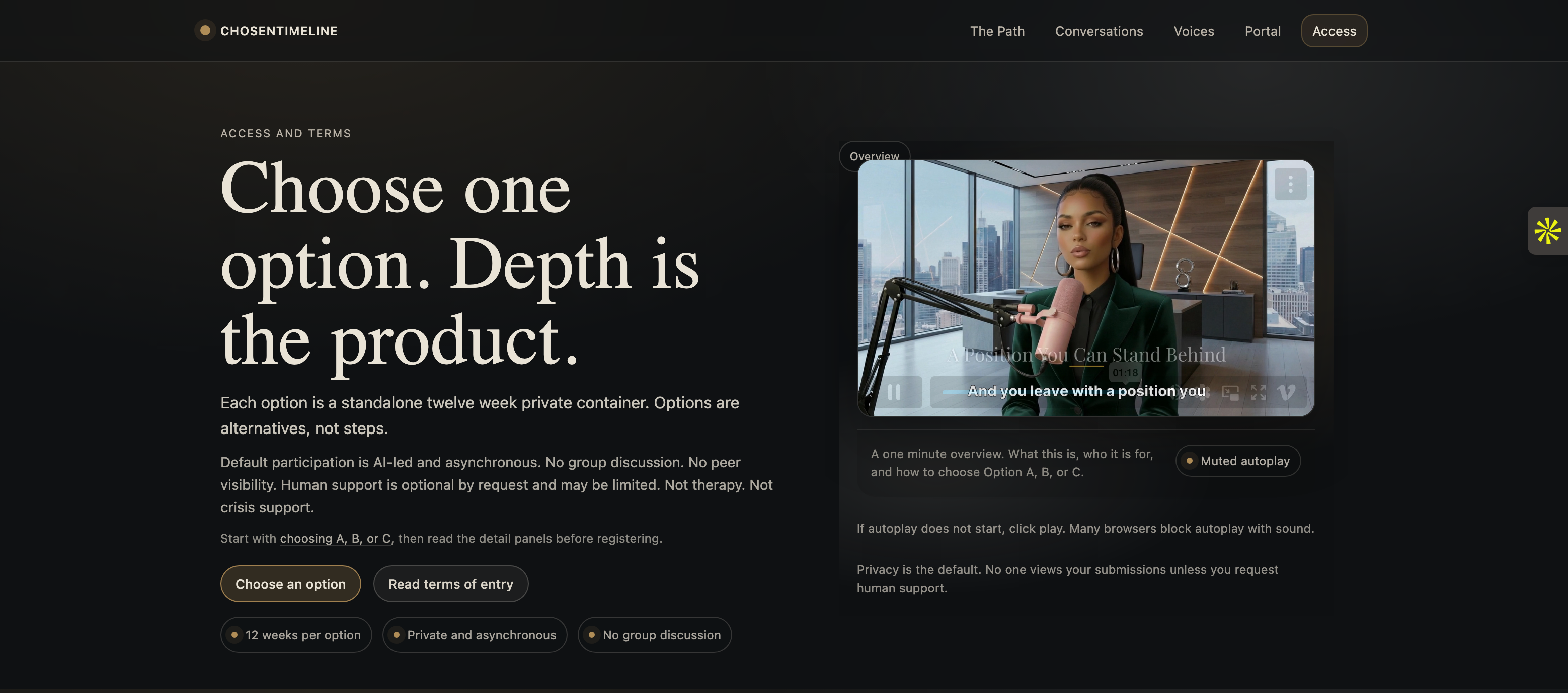 ChosenTimeline concept-led feature section showing access and terms