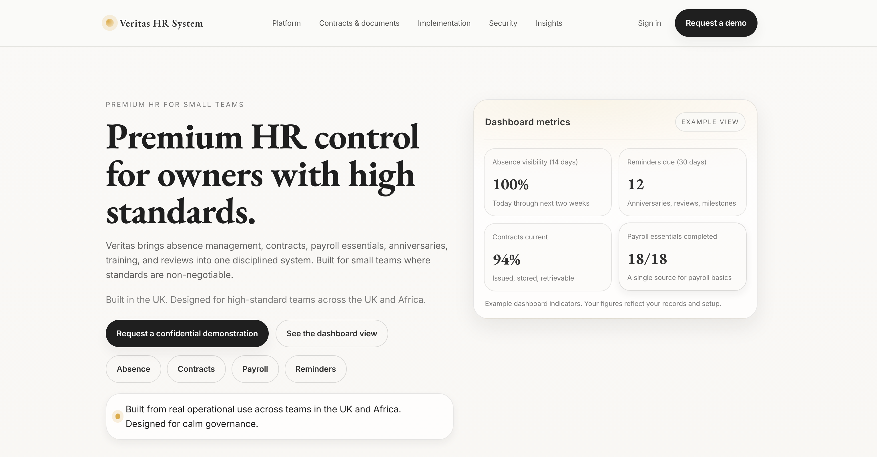 Veritas Management HR information system website